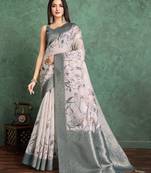 Off white floral printed silk cotton saree