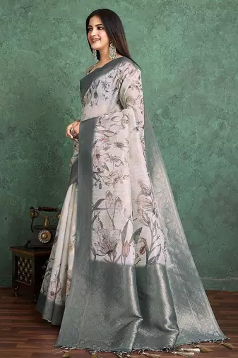 Off white floral printed silk cotton saree