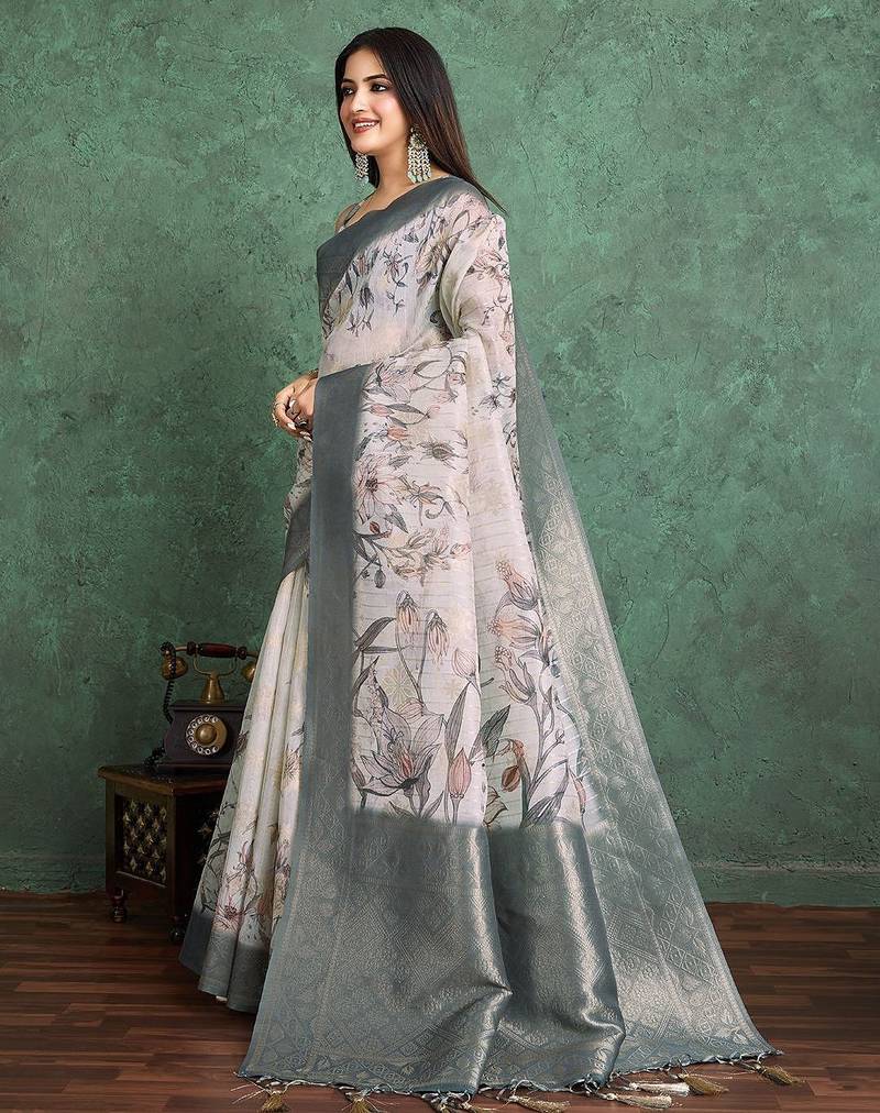 Off white floral printed silk cotton saree