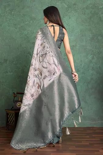 Off white floral printed silk cotton saree
