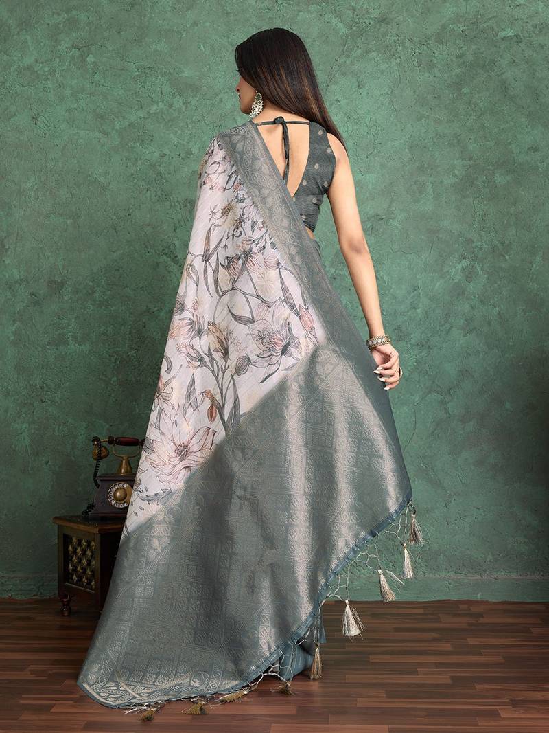 Off white floral printed silk cotton saree