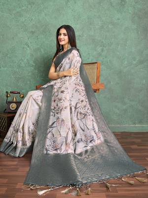 Off white floral printed silk cotton saree 4