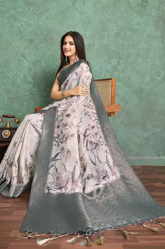 Off white floral printed silk cotton saree