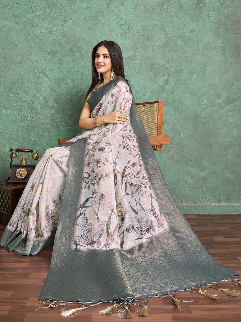 Off white floral printed silk cotton saree