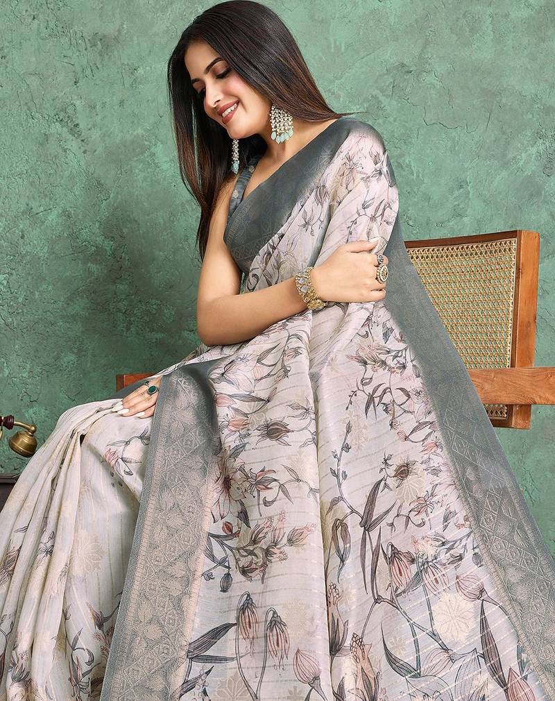 Off white floral printed silk cotton saree