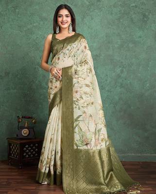 Beige floral printed silk cotton saree 1