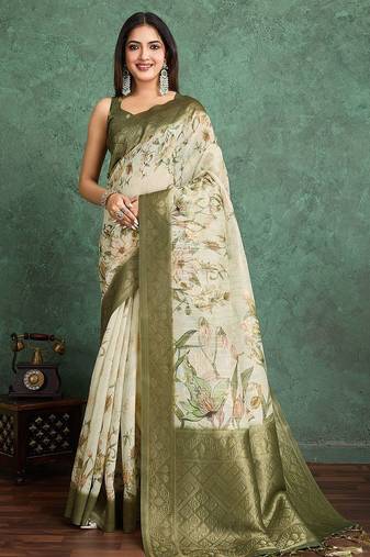 Beige floral printed silk cotton saree