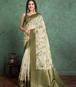 Beige floral printed silk cotton saree