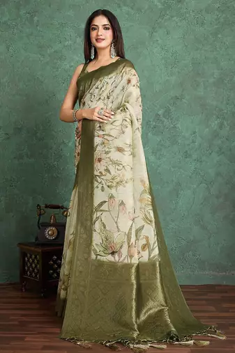 Beige floral printed silk cotton saree