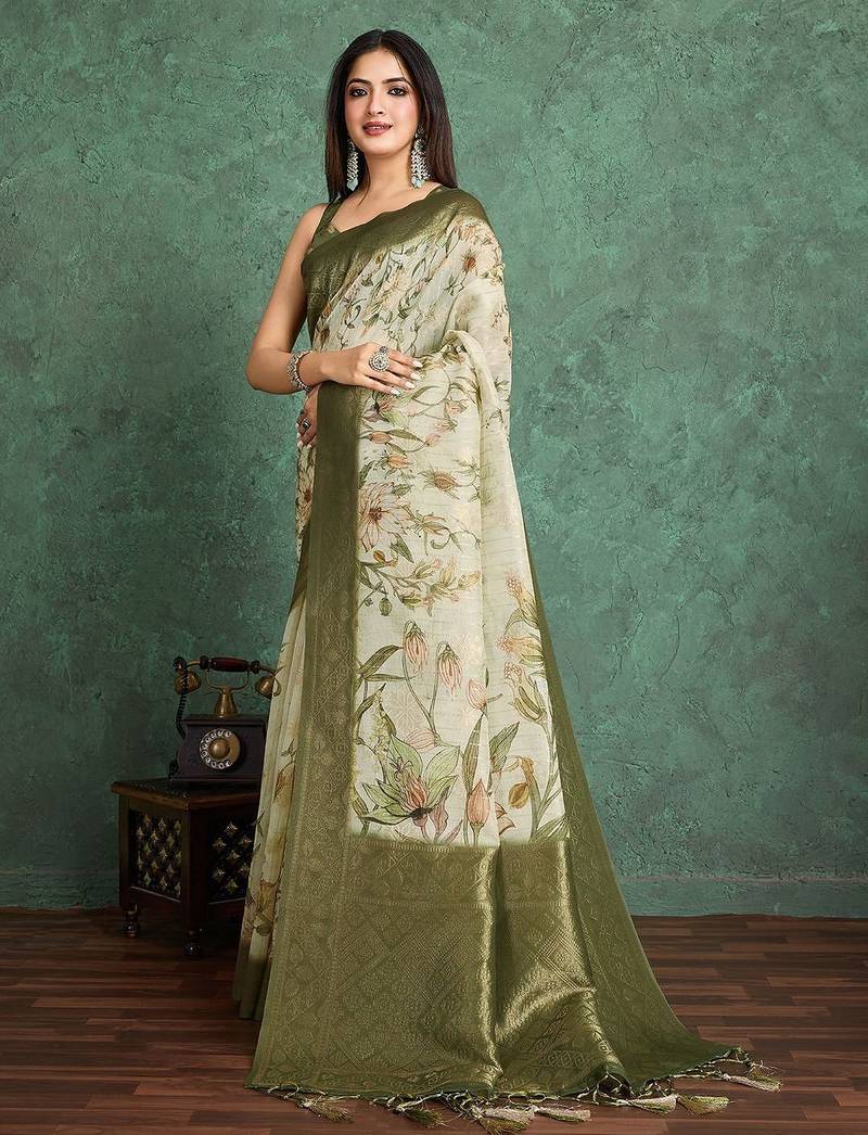 Beige floral printed silk cotton saree