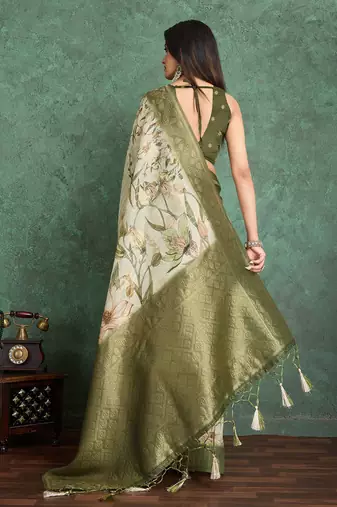 Beige floral printed silk cotton saree