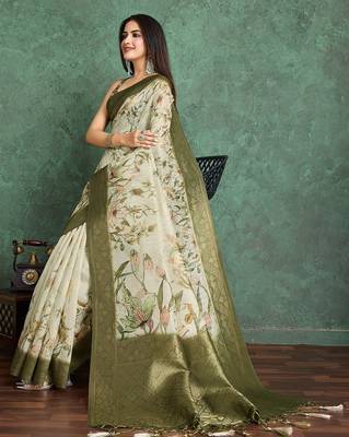 Beige floral printed silk cotton saree 4