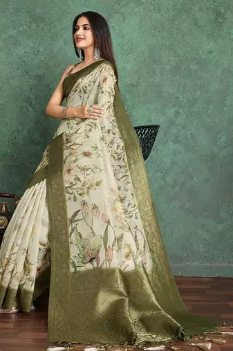 Beige floral printed silk cotton saree