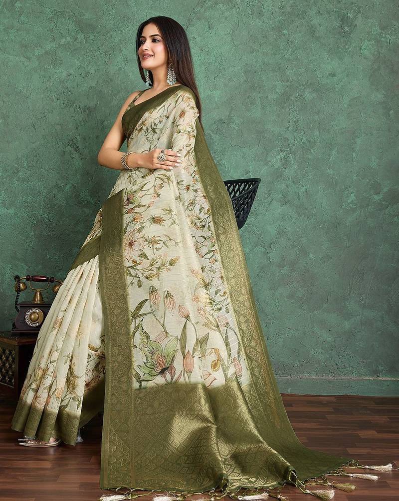 Beige floral printed silk cotton saree