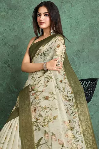 Beige floral printed silk cotton saree