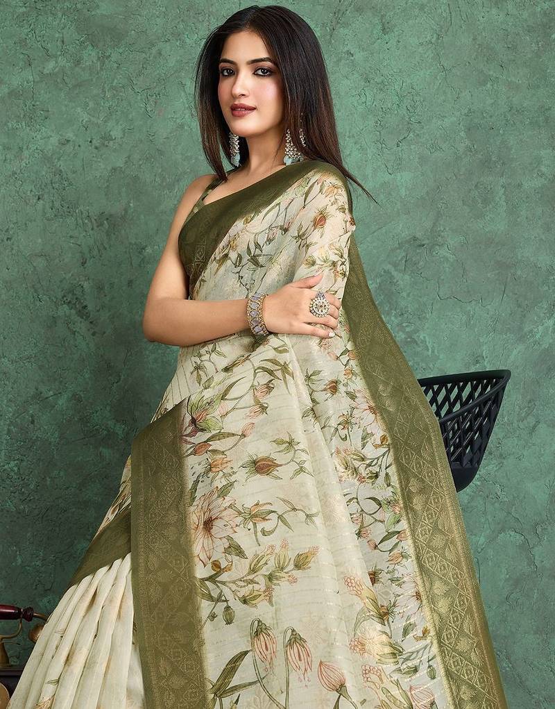 Beige floral printed silk cotton saree