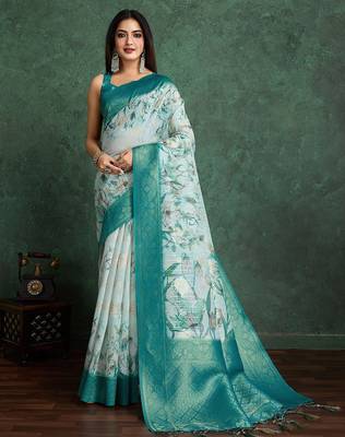 Cream floral printed silk cotton saree 1