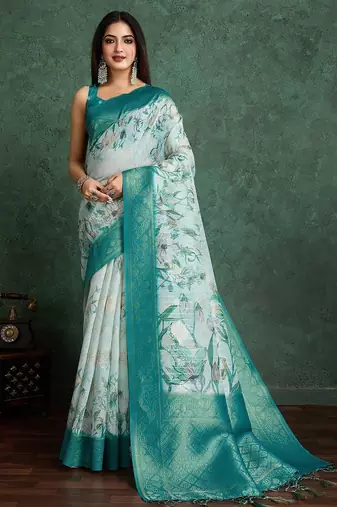 Cream floral printed silk cotton saree