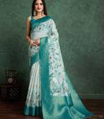 Cream floral printed silk cotton saree