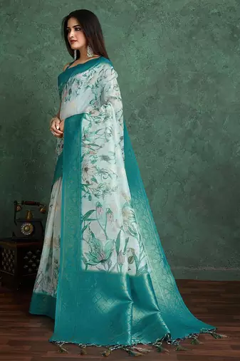 Cream floral printed silk cotton saree