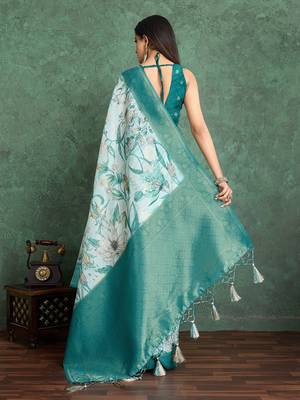 Cream floral printed silk cotton saree 3