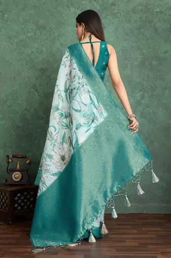 Cream floral printed silk cotton saree