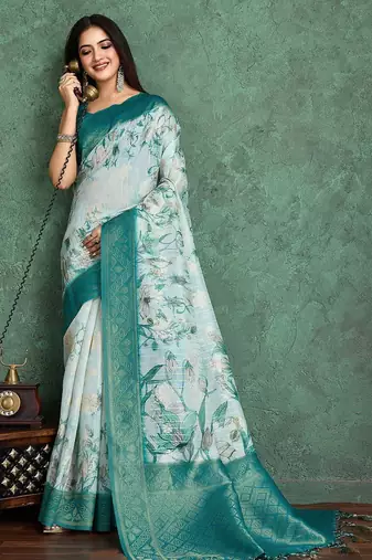 Cream floral printed silk cotton saree