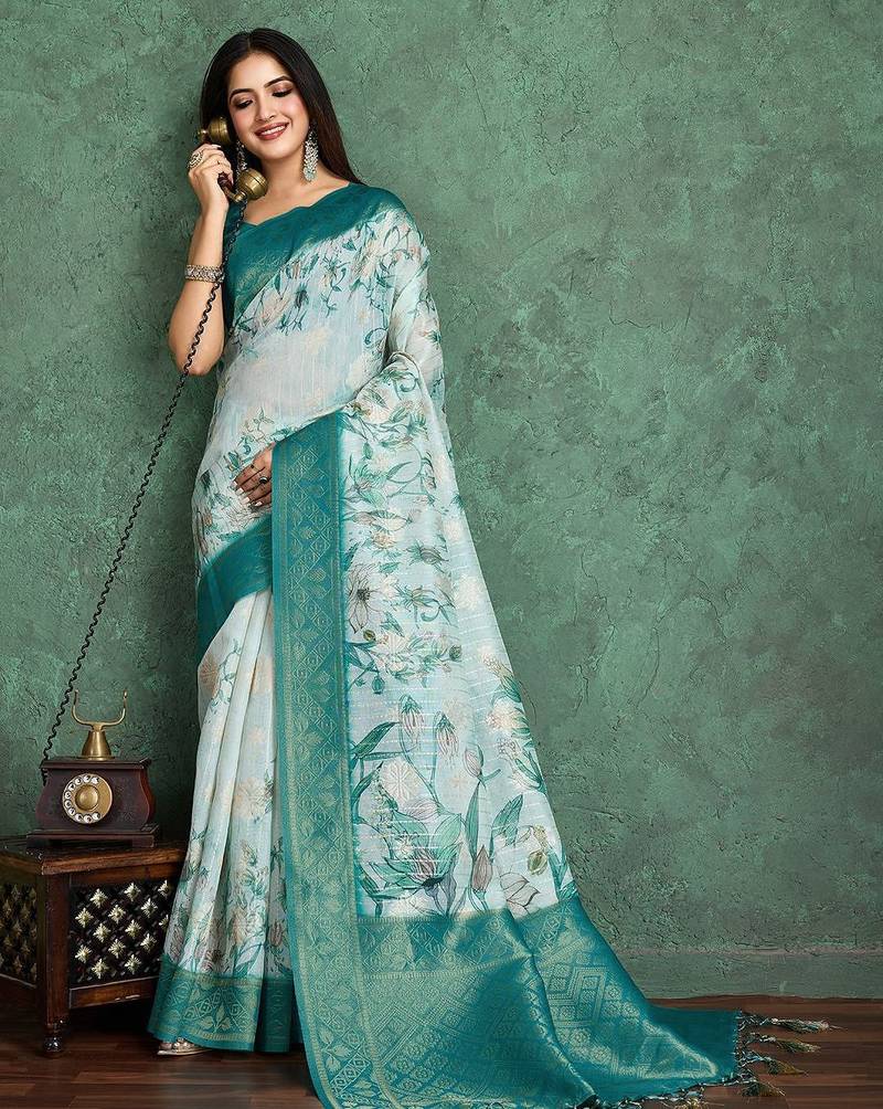 Cream floral printed silk cotton saree