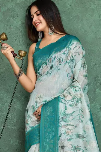Cream floral printed silk cotton saree