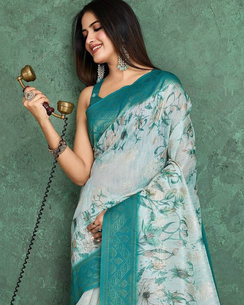 Cream floral printed silk cotton saree