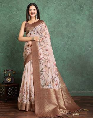 Peach floral printed zari silk cotton saree 1