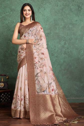 Peach floral printed zari silk cotton saree