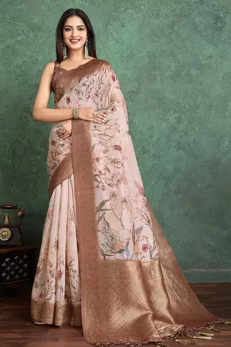 Peach floral printed zari silk cotton saree