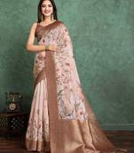Peach floral printed zari silk cotton saree