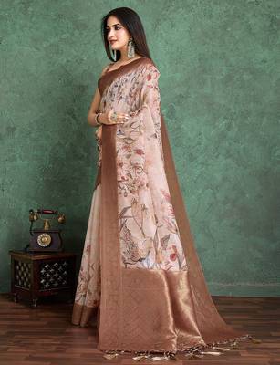 Peach floral printed zari silk cotton saree 2