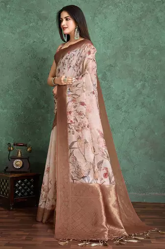 Peach floral printed zari silk cotton saree