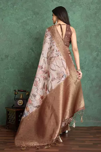 Peach floral printed zari silk cotton saree