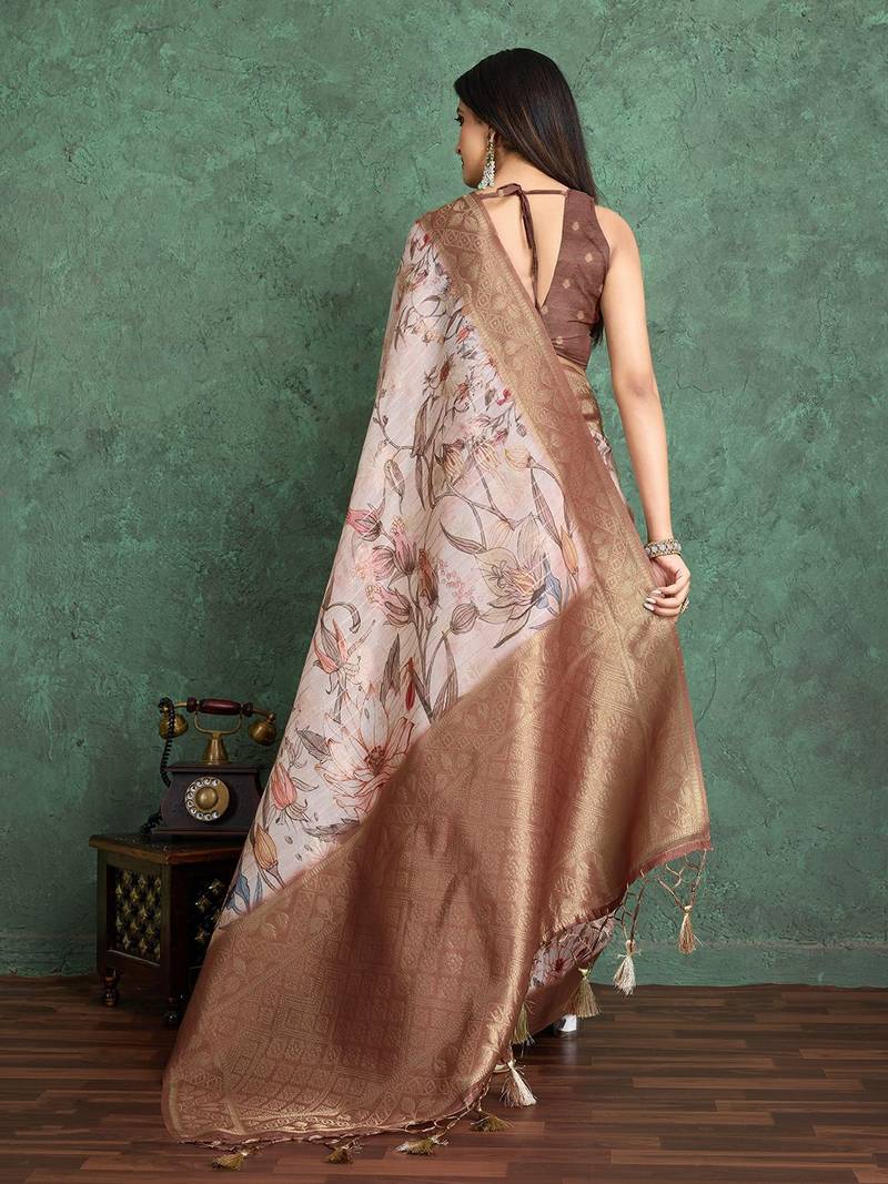 Peach floral printed zari silk cotton saree