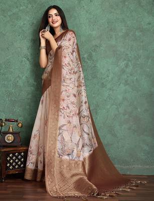 Peach floral printed zari silk cotton saree 4