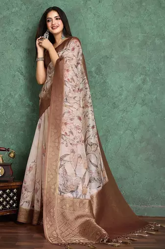 Peach floral printed zari silk cotton saree