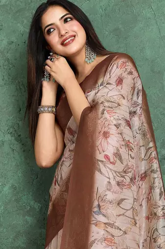 Peach floral printed zari silk cotton saree