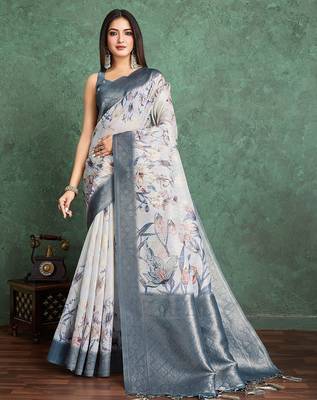 Off white floral printed silk cotton saree 1