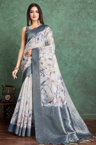 Off white floral printed silk cotton saree