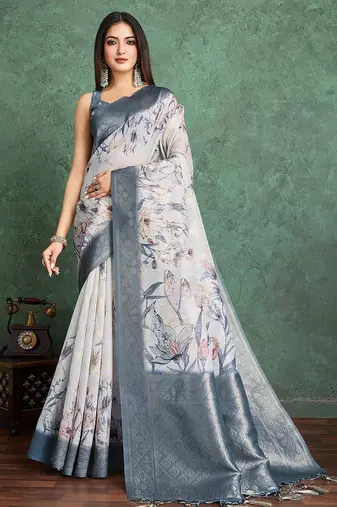 Off white floral printed silk cotton saree