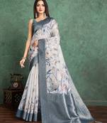 Off white floral printed silk cotton saree