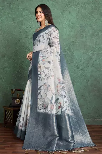 Off white floral printed silk cotton saree