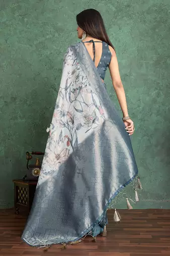 Off white floral printed silk cotton saree