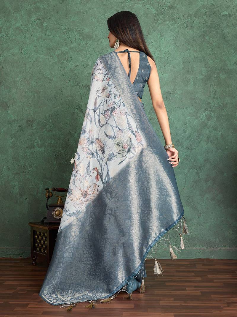 Off white floral printed silk cotton saree
