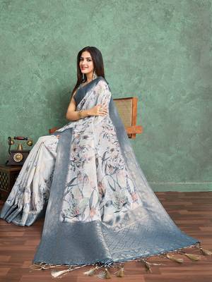 Off white floral printed silk cotton saree 4
