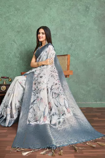 Off white floral printed silk cotton saree